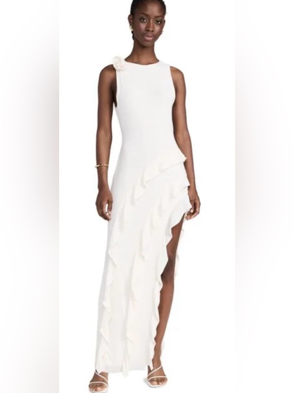 AFRM Airess Sleeveless Maxi Dress  Cascade Waterfall Ruffles in Gardenia